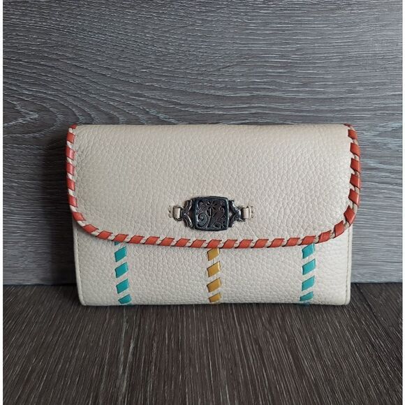 Brighton Trifold Wallet Cream with Blue Orange Yellow Ribbons Stitching - Picture 1 of 7